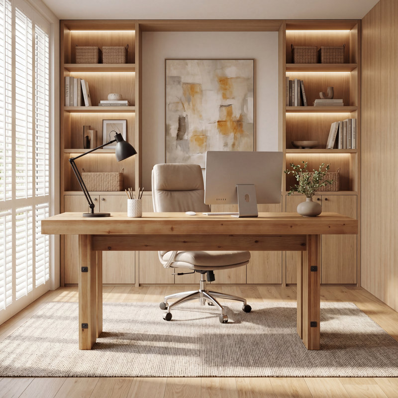 63" Farmhouse Solid Wood Executive Desk, Large Computer Writing Desk Workstation for Home Office, Light Brown