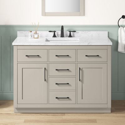 Ensemble de meuble-lavabo autoportant à simple cuve 48 po Athea avec plateau en marbre blanc Athea, quincaillerie noir mat