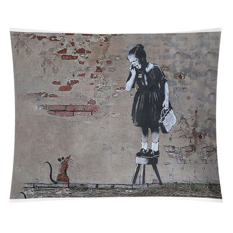 Tapisserie de la fille et de la souris en polyester, H 68 po x l 80 po x P 1 po