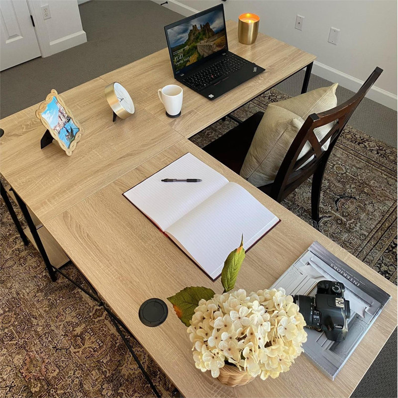 Nedyo 95.2" L-Shaped Desk with Shelves, Reversible Corner
