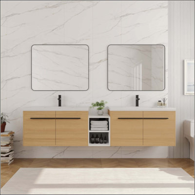 Meuble-lavabo mural avec lavabo de comptoir en résine, combinaison de 1 tablette de rangement et 4 portes à fermeture douce (emballage KD)