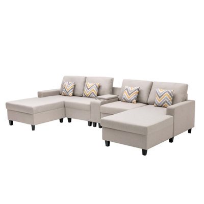 Modern Sofa 135" Linen Fabric 5Pc Double Chaise Sectional Sofa With Interchangeable Legs, A USB, Charging Ports, Cupholders