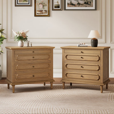 Traditional 28.3''W 3-Drawer Solid Wood Nightstand With Built-In Outlets And Pull-Out Shelf, Mid-Century Rustic End Table With Charging Station, Modern Wooden Side Table For Bedroom, Living Room, Fully Assembled(Set of 2)