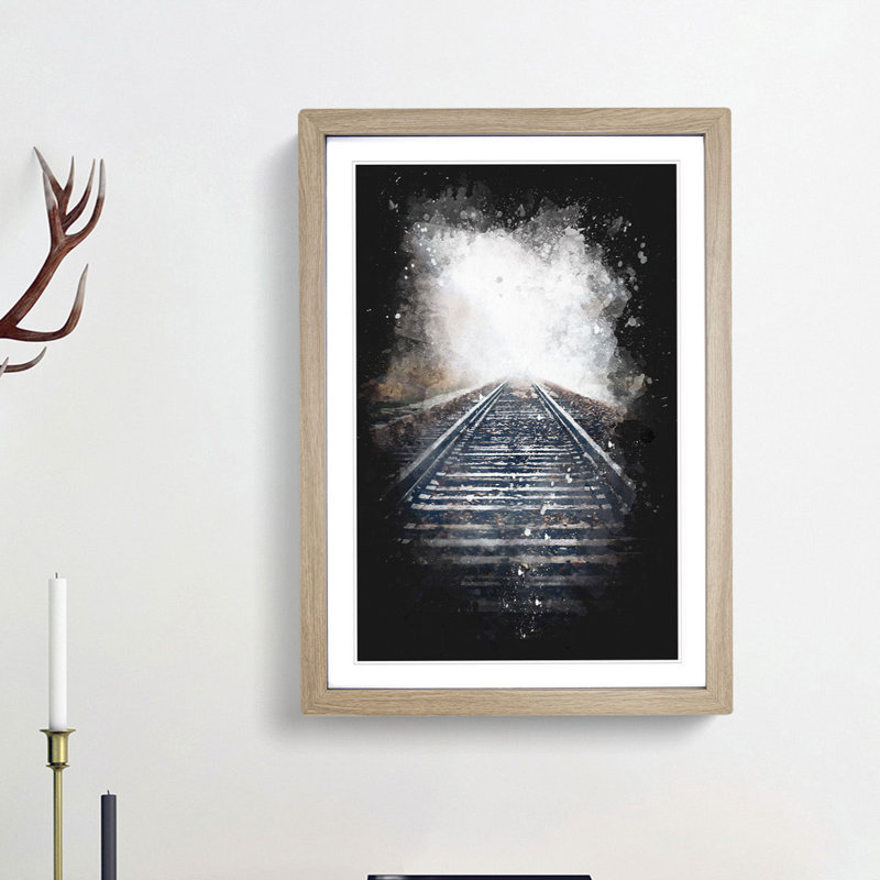 Train Tracks In The Mist - Single Picture Frame Painting on MDF, Oak Framed, 33cm H x 24cm W x 2cm D