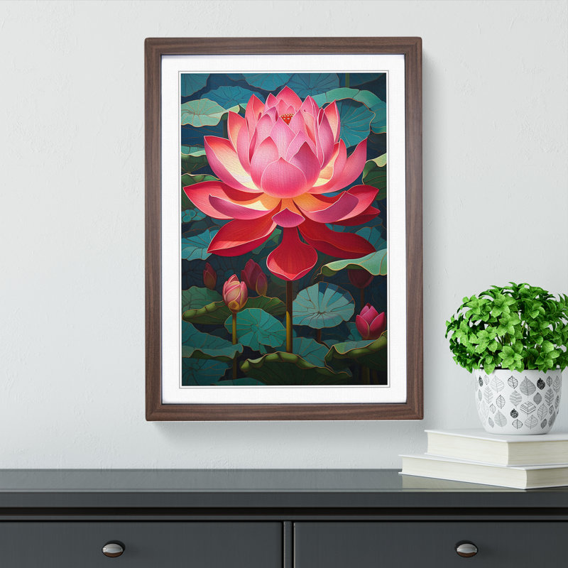 Lotus Flower Hard Edge - Single Picture Frame Print on Wood, Walnut Framed, 46cm H x 34cm W x 2cm D