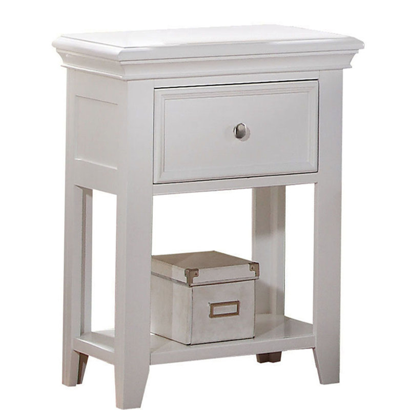 Table de chevet transitionnelle blanche avec tiroir et tablette inférieure pour chambre à coucher
