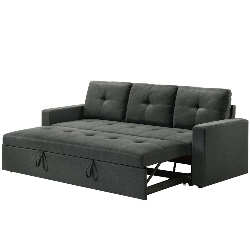 3 - Coussins d'assise pour canapé-lit en tissu gris foncé, 212 cm de largeur, 75,3 cm de profondeur, 88,3 cm de hauteur, 61,4 kg, lit gigogne 179 cm de largeur x 114,3 cm de profondeur, 39,4 cm x 185,4 cm de largeur, dossier 52,1 cm x 44,5 cm, 57,2 cm x 2,5 cm de hauteur, pieds en plastique noir, assises rembourrées de mousse.