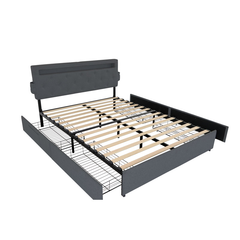 Structure de grand lit avec tête de lit, 4 tiroirs de rangement, station de charge USB et lumières DEL, lit plateforme peu encombrant