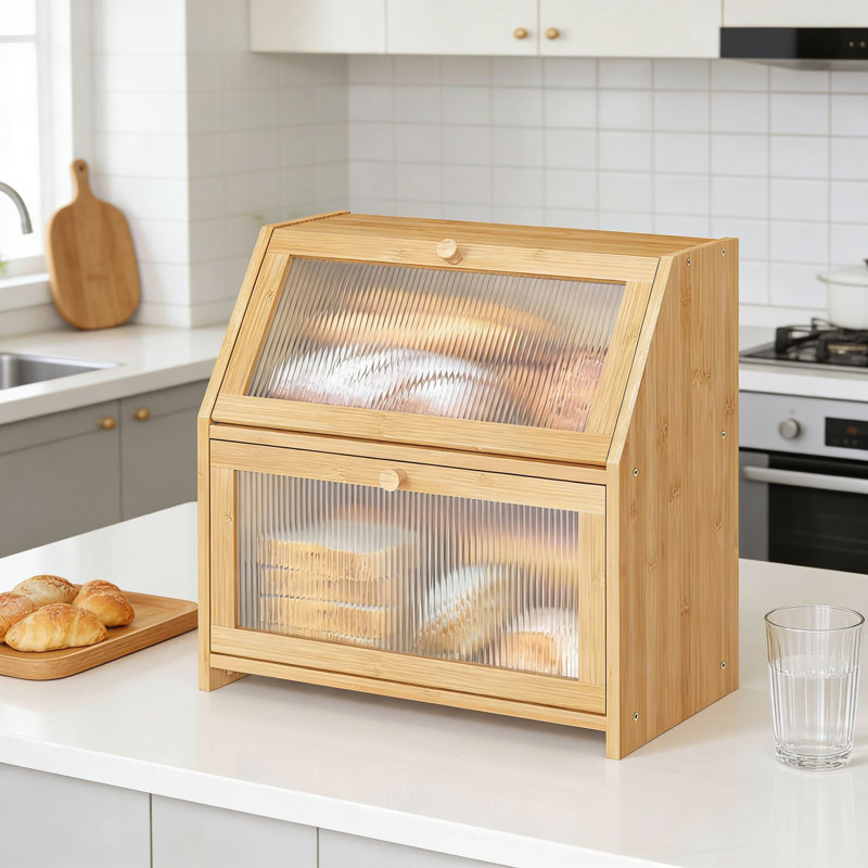 Grande boîte à pain en bambou avec planche à découper et couteau, bac de rangement de pain double couche avec porte en acrylique ondulée pour comptoir de cuisine