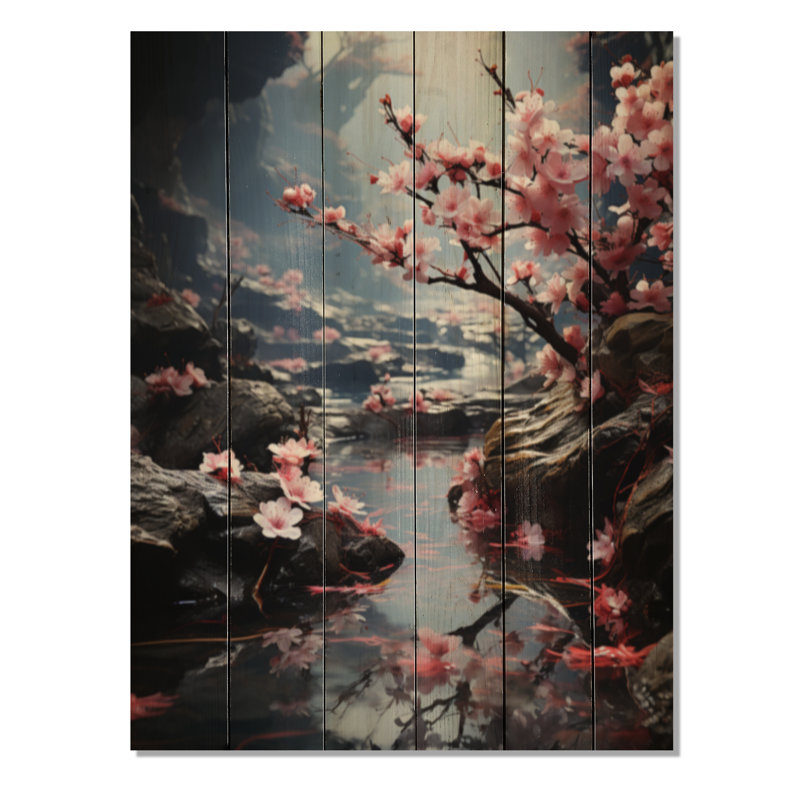 Art asiatique, fleur de cerisier IV - impression asiatique sur bois de pin naturel, H 32 po x l 24 po x P 0,78 po