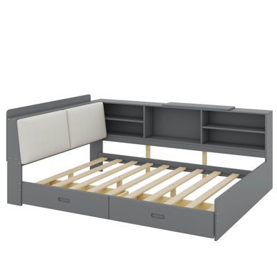 Full Platform Bed With Storage Headboard, Shelves And 2 Drawers