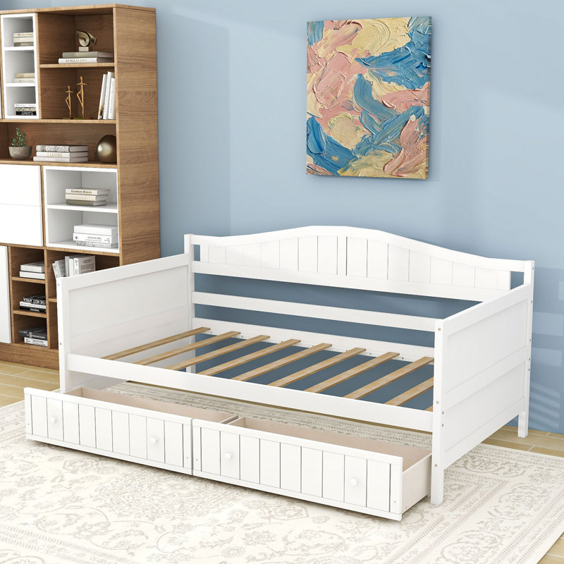 Lit de jour simple en bois avec structure robuste et deux tiroirs de rangement, Blanc