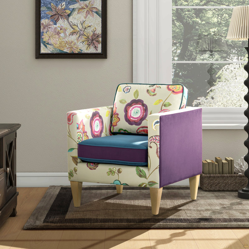 Chaise d'appoint 28 po Patchwork, velours bleu sarcelle et mauve à motif floral multicolore