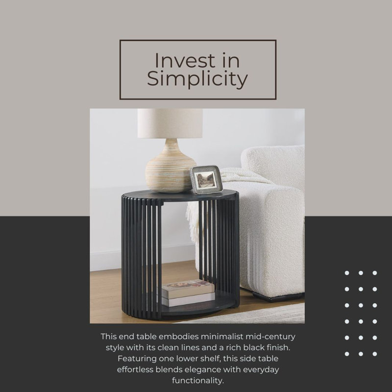 Estie Round Wood Slatted End Table With Open Shelf, Black