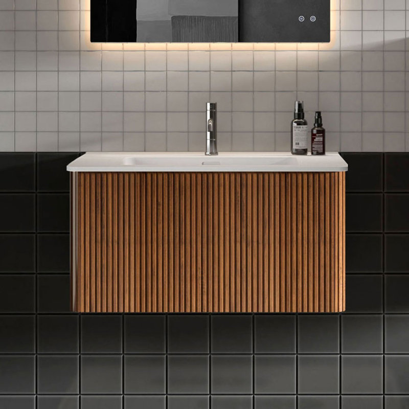 Hannemarie 30" Pre-Assembled Wall Mounted Single Bathroom Vanity with Top with Overflow, Walnut, 30", Matte White