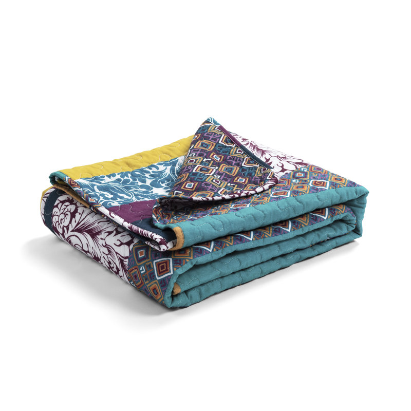 King Size Boho Stripe Reversible Cotton Quilt Set in Purple and Yellow