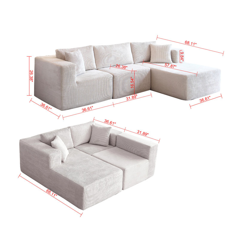 Canapé modulaire Mid-Century moderne H613, en forme de L 3 beige pour appartements, aucun assemblage requis, espace de vie