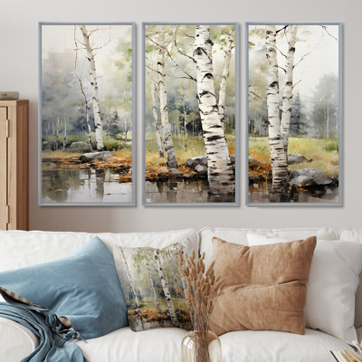 Green Birch Wood Beauty I - Tree Birch Canvas Art Set
