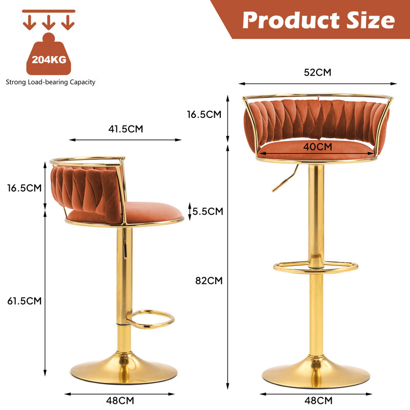 Christal Height Adjustable Swivel Bar Stool, Orange, Gold