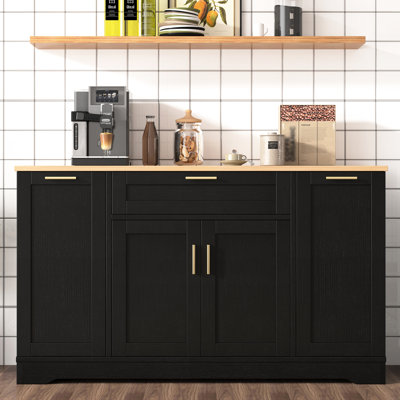 Table de salle à manger extensible et buffet de rangement multifonctionnel pour les espaces de cuisine, noir, flexible dans l'armoire de gauche, base Kickboard avec plateau noir à 3 niveaux, tablettes réglables