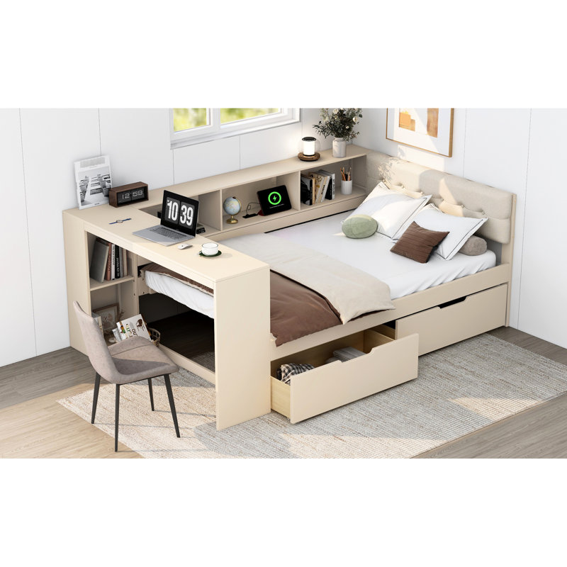 Lit plateforme en bois crème avec tête de lit tapissier, rangement intégré et support de rangement,