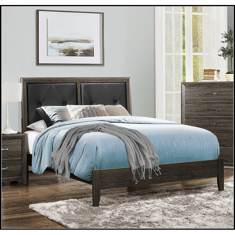 Lit fini avec tête de lit en similicuir capitonnée et structure en bois durable, Grand lit