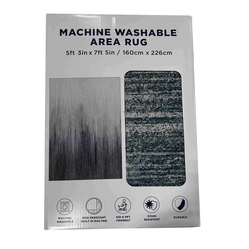 Killoren is a soft printed rug, size 5.3x7.5 feet, machine washable, non-slip backing, packaged in a box.