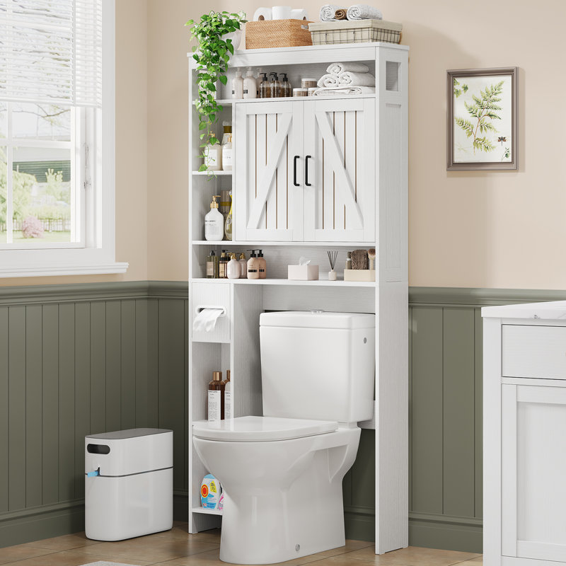 Farmhouse-inspired design brings decorative warmth to the room, while the freestanding frame is designed to fit over most standard toilets White