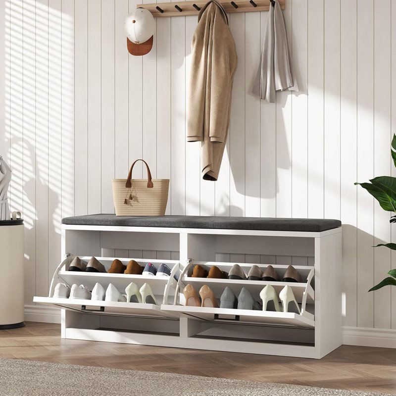 39.4" Shoe Storage Bench With Cushioned Seat & 2 Flip Drawers, White
