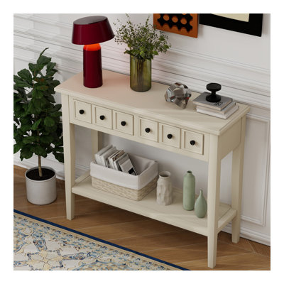 Table d'entrée avec 2 tiroirs, console rustique avec tablette ouverte et pieds en bois d'hévéa pour les entrées, les salons et les couloirs (bleu sarcelle)