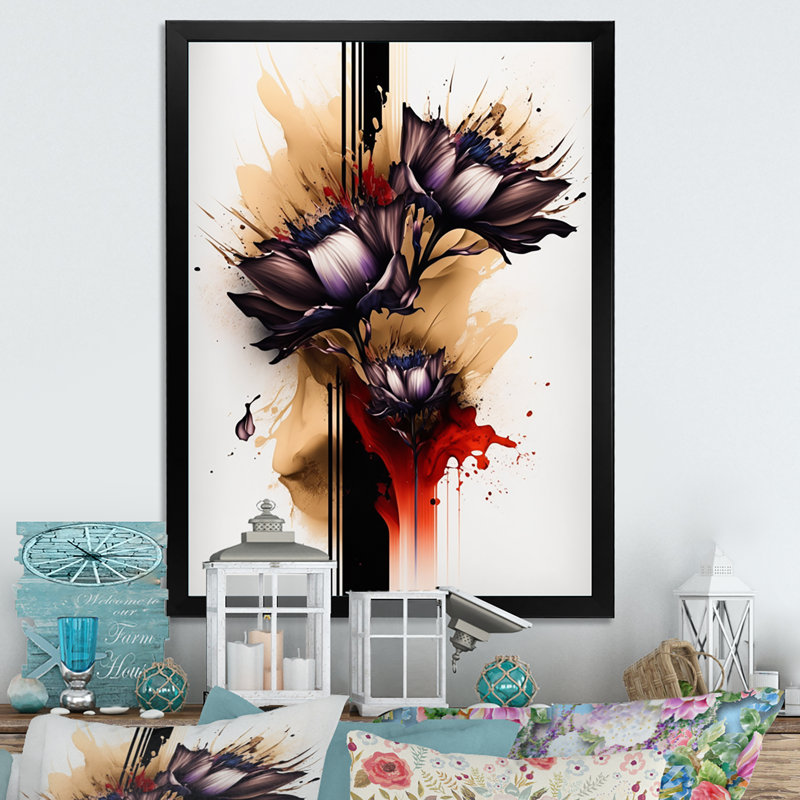 Fleur de dahlia rouge sur fond abstrait - impression sur toile, Cadre photo noir, H 20 po x l 12 po x P 1 po