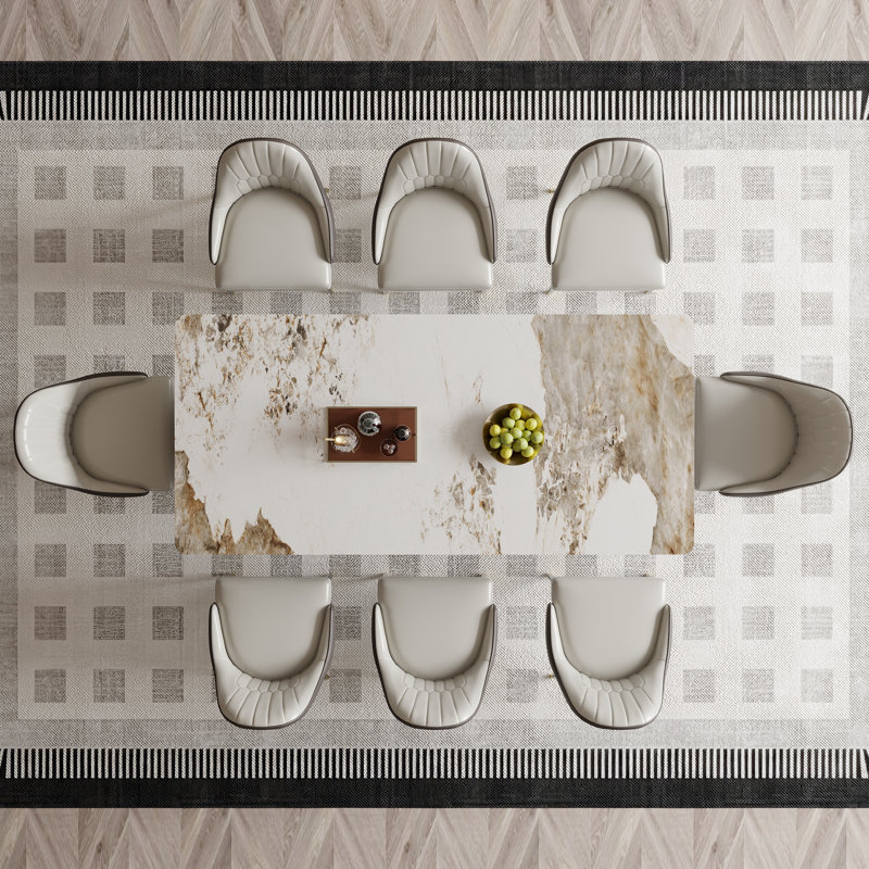 Ensemble de table de salle à manger moderne en pierre frittée avec 8 chaises en similicuir, Pandora, Beige/Dark Brow