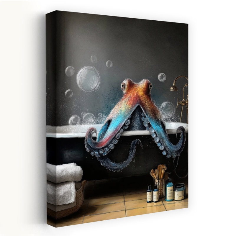 Octopus In Bathtube 2, art mural contemporain, H 48 po x l 32 po