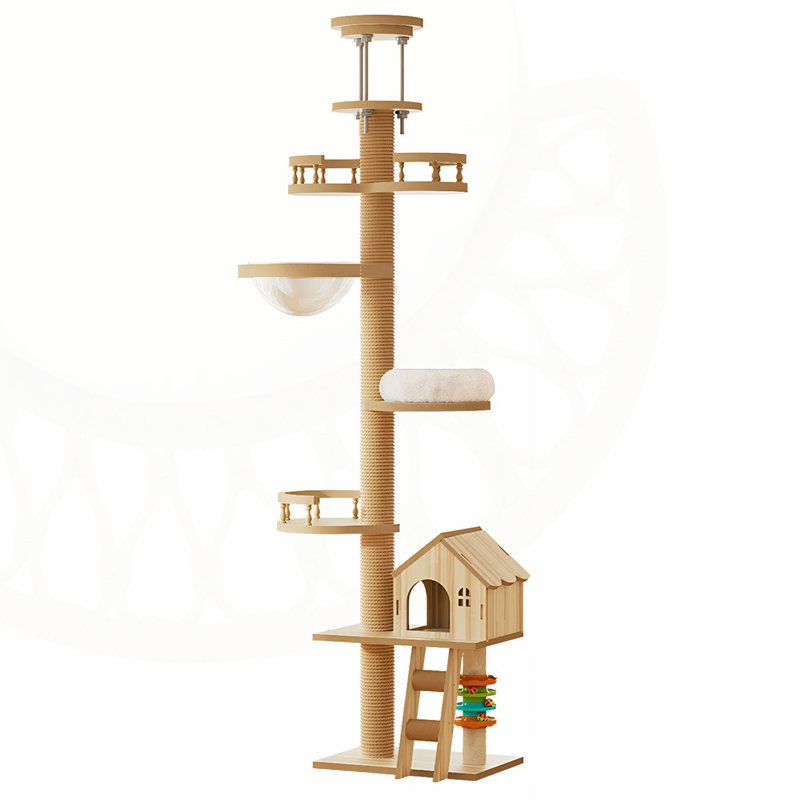 Floor to Ceiling Cat Tree with Adjustable Height, Scratching Post, Condo Cave Bed and Hammock for Active Felines.