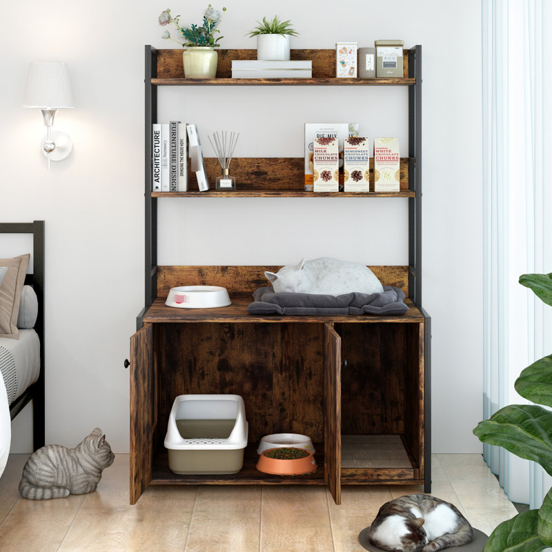 Grand bac à litière pour chat avec tablette de rangement, tablette à gratter, anse intérieure, salle de bain cachée, 2 portes, armoire brune et étagère de rangement, salle de bain, portes,