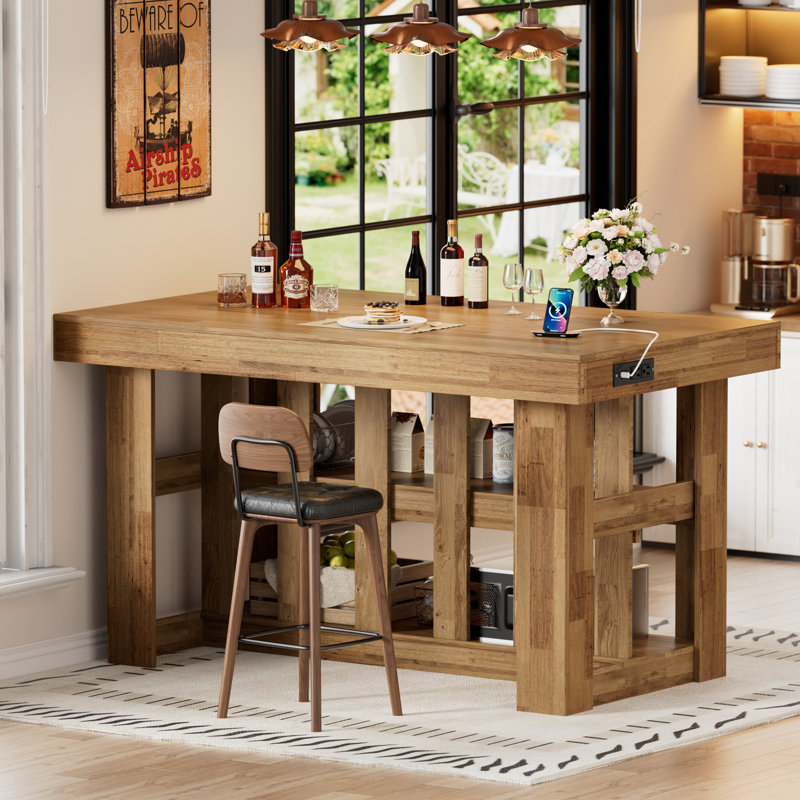 Îlot de cuisine de 55 po avec prises de courant, très grande surface de travail, table d'îlot fixe en bois à 3 niveaux avec tablette de rangement pour la salle à manger de cuisine