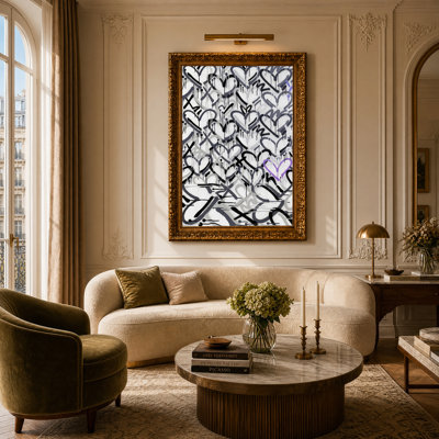 Tableau sur toile avec cœurs graffiti noirs et gris et accents violets
