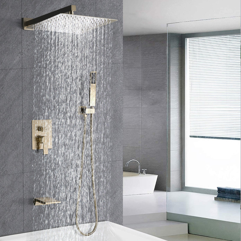 Contemporary Matte Black Shower System with Tub Spout - 3-Function Square Rain Head, Handheld Spray and Brass Control Valve
