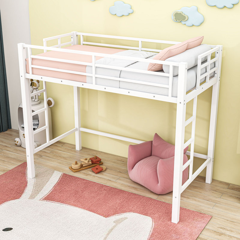Metal Loft Bed with Ladder and Guardrails, Twin