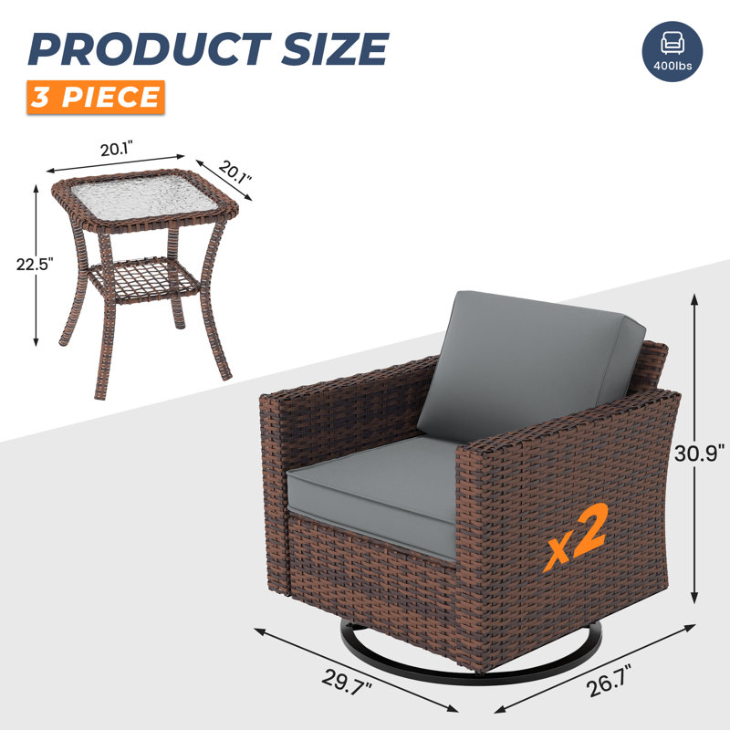 Ensemble 3 pièces d'extérieur en osier avec 2 chaises berçantes pivotantes et table d'appoint avec tablette , Gris