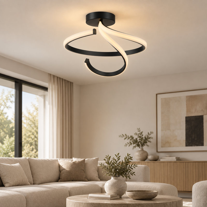 Plafonnier semi-encastré moderne 23,5 po au fini sable noir pour salle de bain, îlot de cuisine et salon, Sable, noir