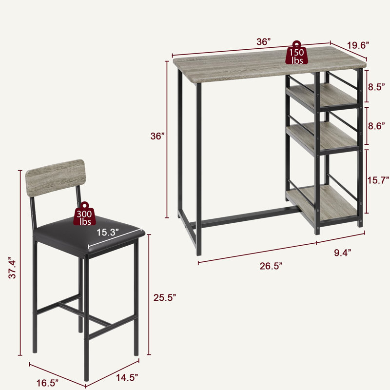 Bar Table And 2 Upholstered Chairs Set For 2, 3 Storage Shelves For Small Space, Apartment, Rustic Grey