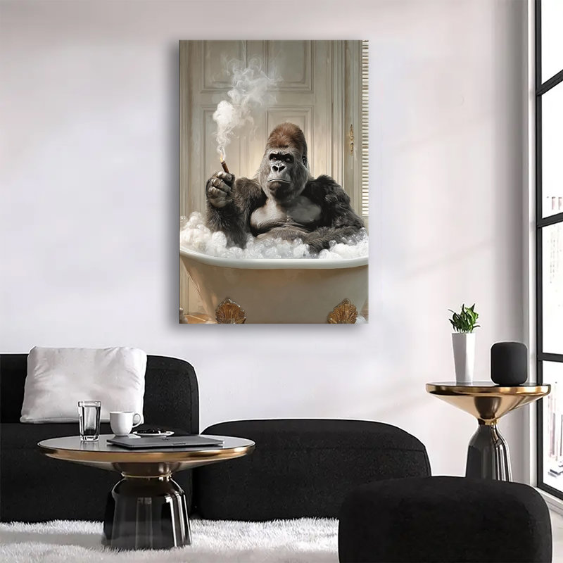 Gorille prenant un bain moussant avec un cigare, peinture à l'huile, grande toile tendue sur châssis, impression d'art mural pour salon ou chambre