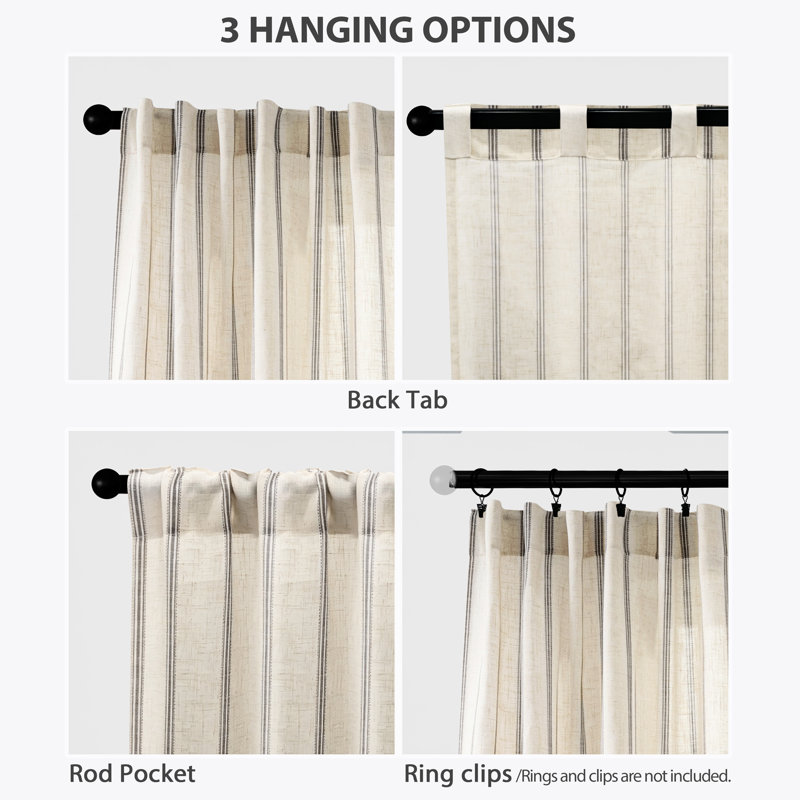 Farmhouse Striped Linen Blend Textured Light Filtering Semi Sheer Rod Pocket Back Tab Curtains, 52" W x 84" L, Black