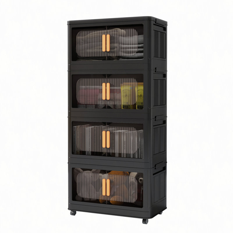 20" Side Wide Folding Storage Cabinet ,4 Tiers,19.69"×11.81"×40.55",Collapsible Storage Bins With Magnetic Door, Plastic Storage Cabinet With Wheels