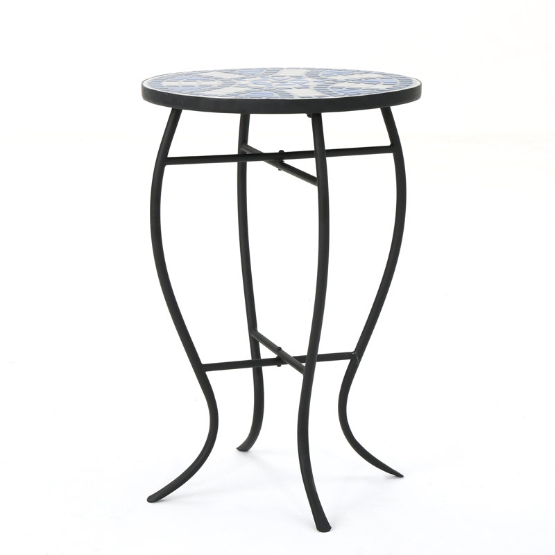 Table d'appoint ronde moderne blanche et bleue, carreaux de céramique et fer, avec structure en métal robuste, finition résistante à la rouille, parfaite pour l'extérieur
