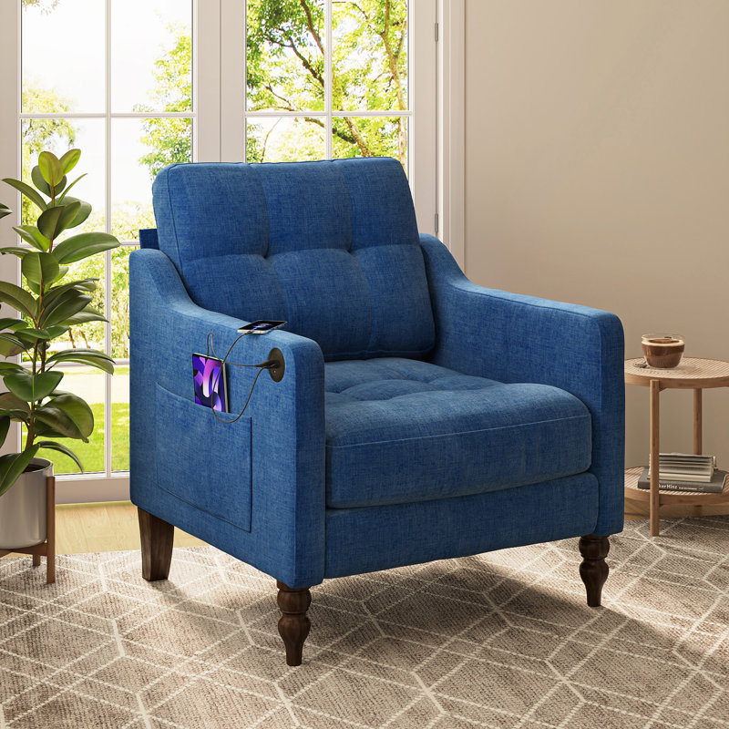 Chaise en chenille Mid-Century Modern Accent Comfy avec charge USB et éponge douce à haut support