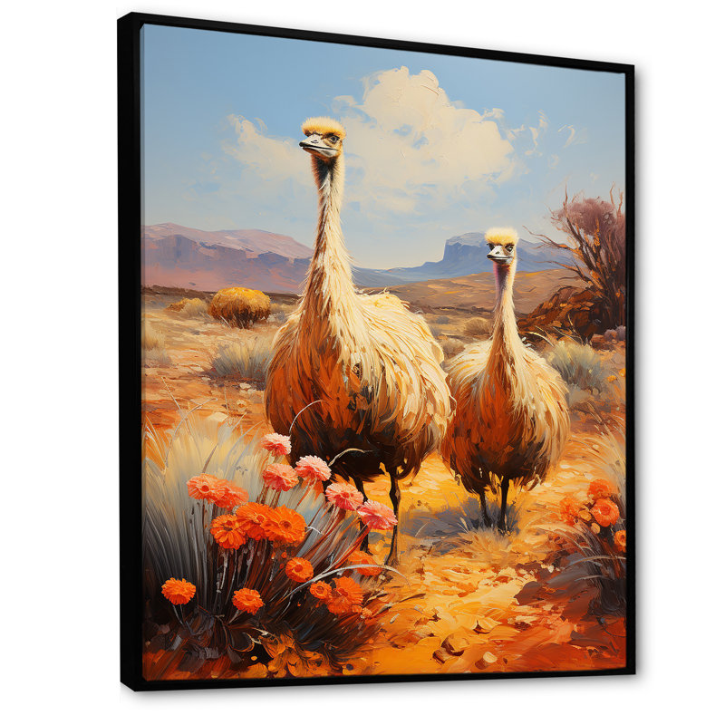 Autruches du désert nomades sur toile, H 20 po x l 12 po x P 1 po, Cadre flottant noir