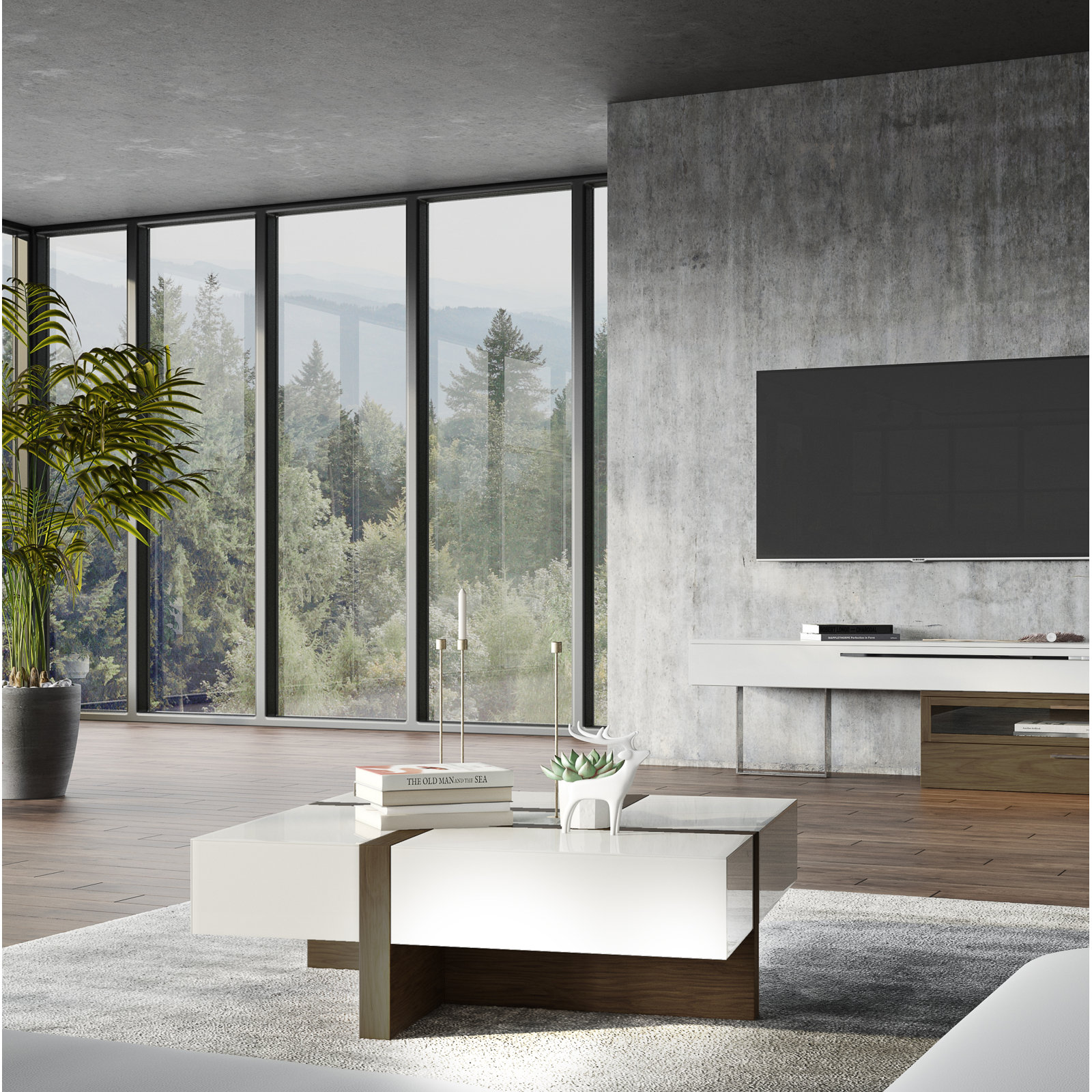 Elka 39" Coffee Table with Storage, White/Walnut