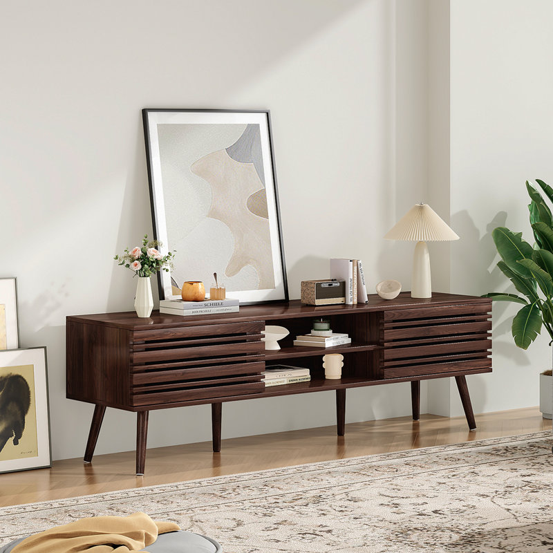 Mid Century Modern TV Stands For Up To 70" TV With Storage, Fluted Wood TV Stand For Living Room, Boho Media Console, Entertainment Center With Cable Management